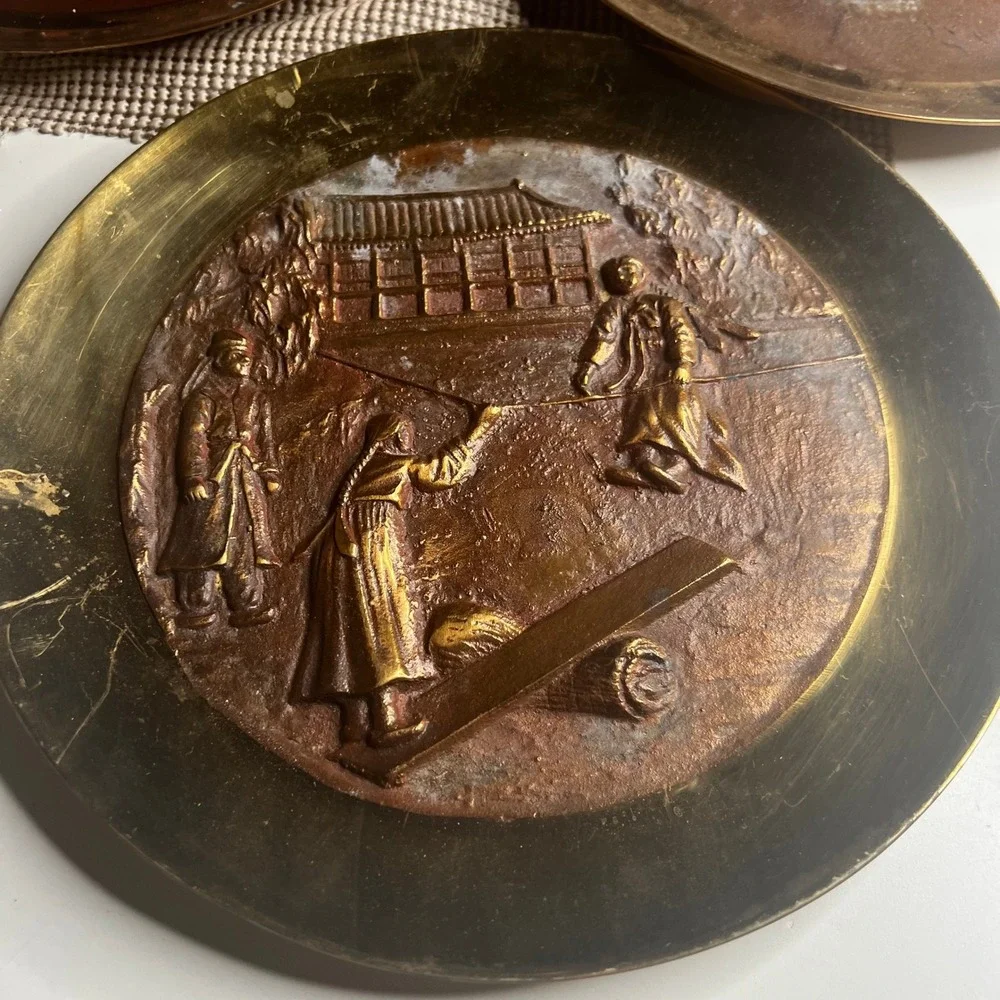 Vintage Korean Brass Copper Wall Plates Set of 3 Mixed Metal Relief Decor 11.75